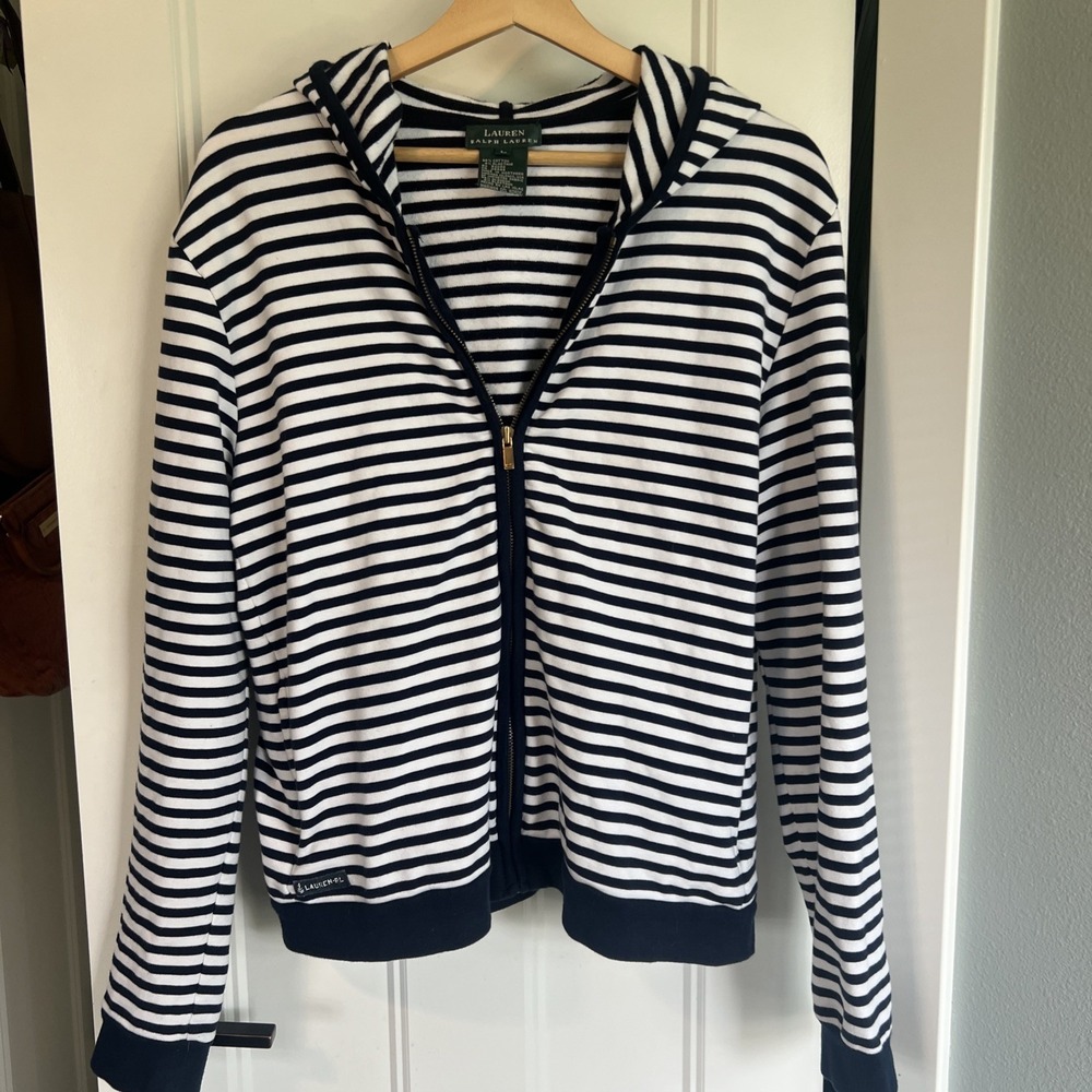 Ralph‎ Lauren Women's Full Zip Hoodie Sweatshirt Large Navy Blue White Striped